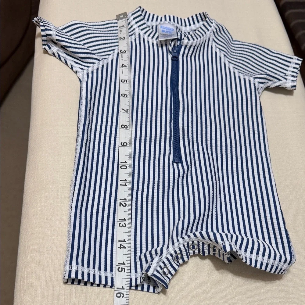 Rugged Butts Zip Front Seersucker Blue & White Striped Kids Swim Romper. 6-12mo.